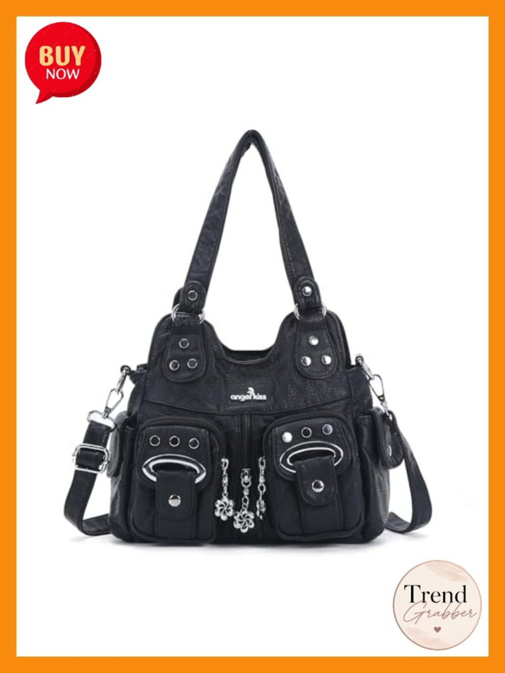 Small Hobo Purse in Washed Vegan Leather, Multi-Pocket Shoulder Handbag with